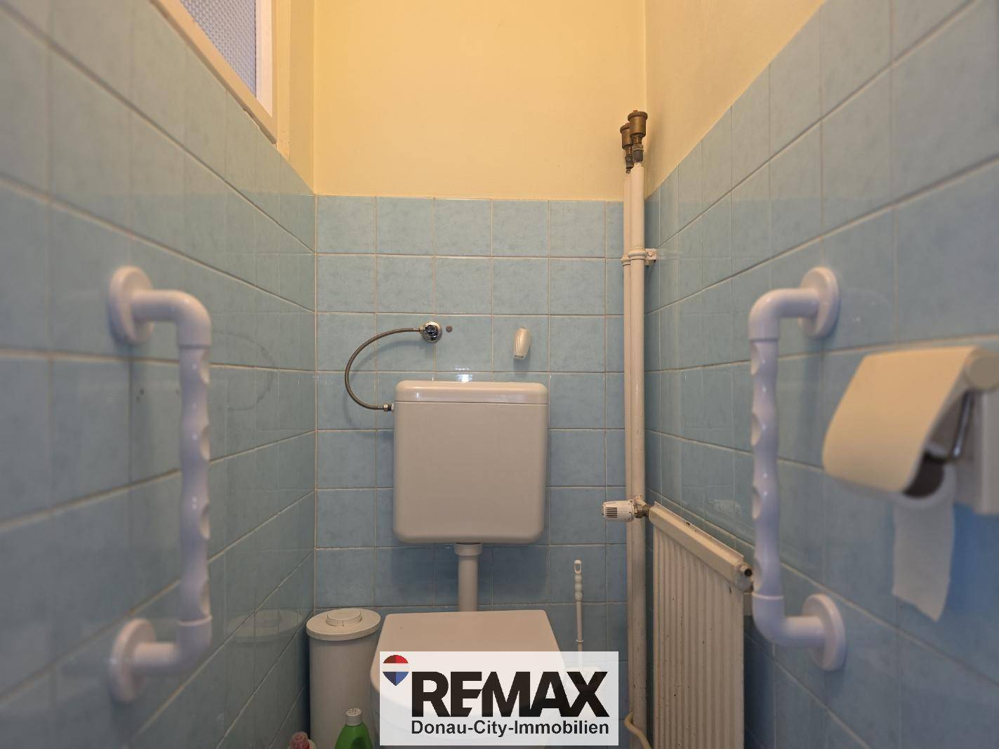 Separate Toilette mit blauen Wandfliesen und Haltegriffen für Barrierefreiheit.