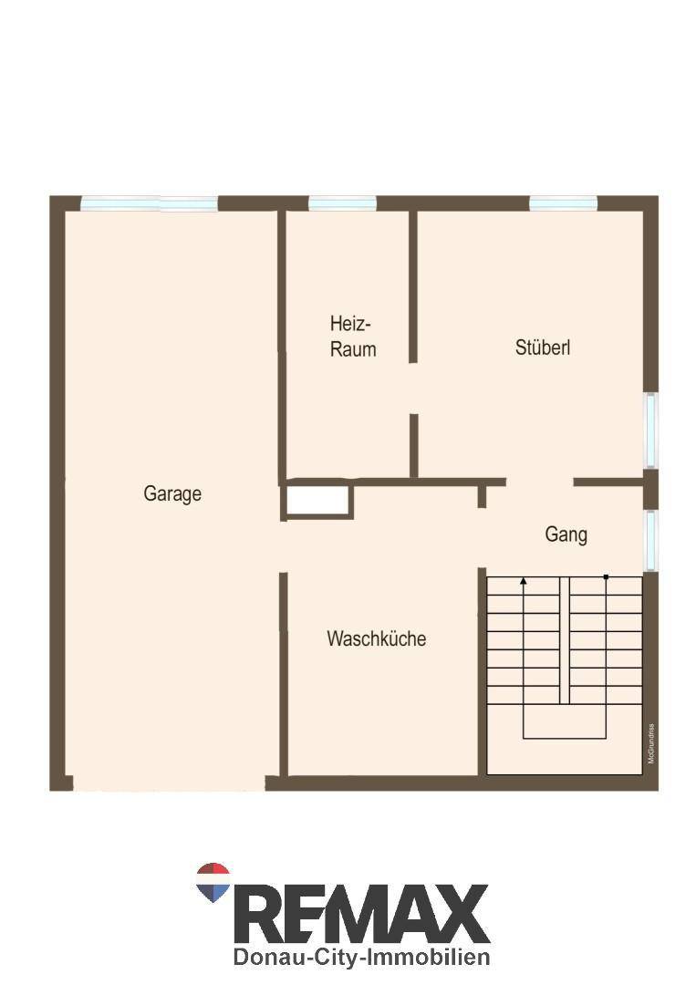 Grundriss des Untergeschosses mit Garage, Heizraum, Waschküche und Stüberl.