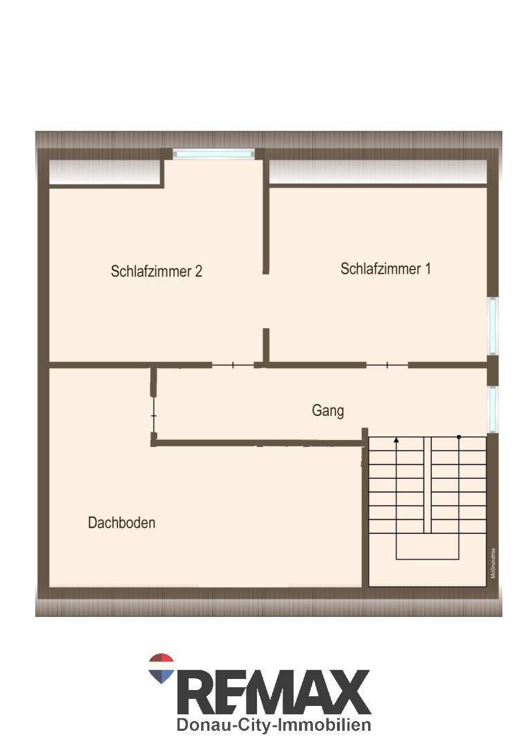 Grundriss des Obergeschosses mit zwei Schlafzimmern, Gang und Dachbodenbereich.