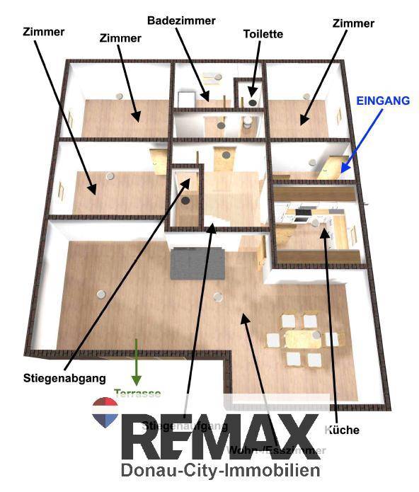 3D-Grundriss des Hauses mit mehreren Zimmern, Bad, Toilette und Terrasse.