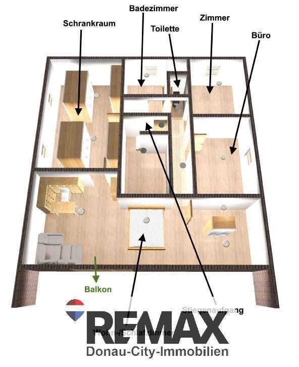 Grundriss des Obergeschosses mit Schlafzimmer, Büro, Bad, separater Toilette und Balkonzugang.