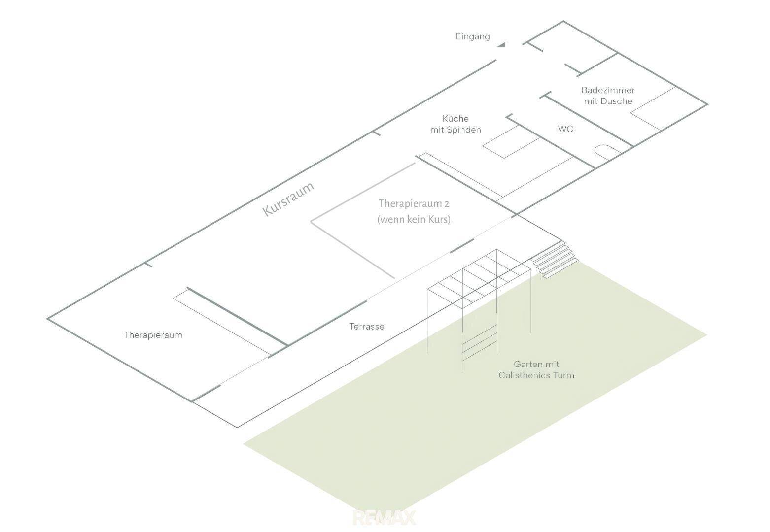 Grundriss zeigt Kursraum, Therapieräume, Küche, Bad und eine Terrasse mit Garten und Calisthenics-Turm.