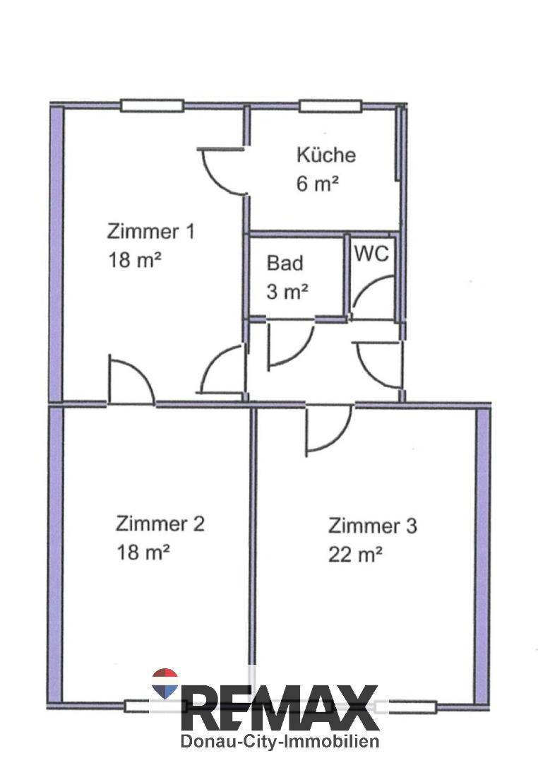 Grundrissplan mit drei Zimmern, Küche, Bad und separatem WC.