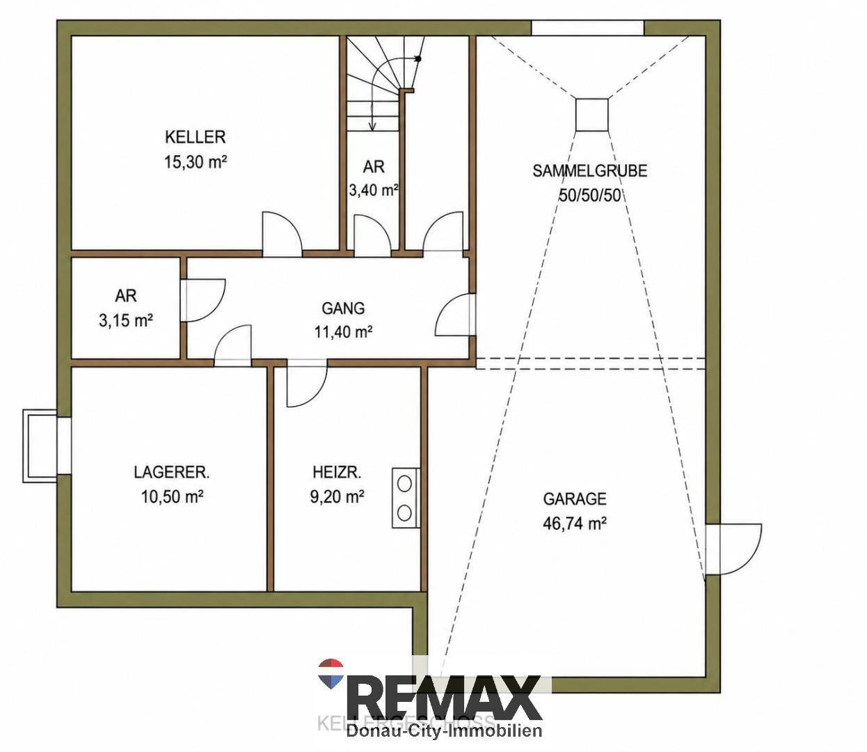 Grundriss des Untergeschosses mit Keller, Garage, Heizraum und Lagerräumen.
