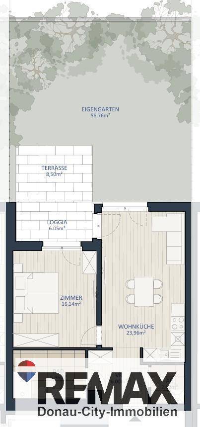 Grundriss einer Wohnung mit Garten, Terrasse, Loggia und offenem Wohn-Essbereich.