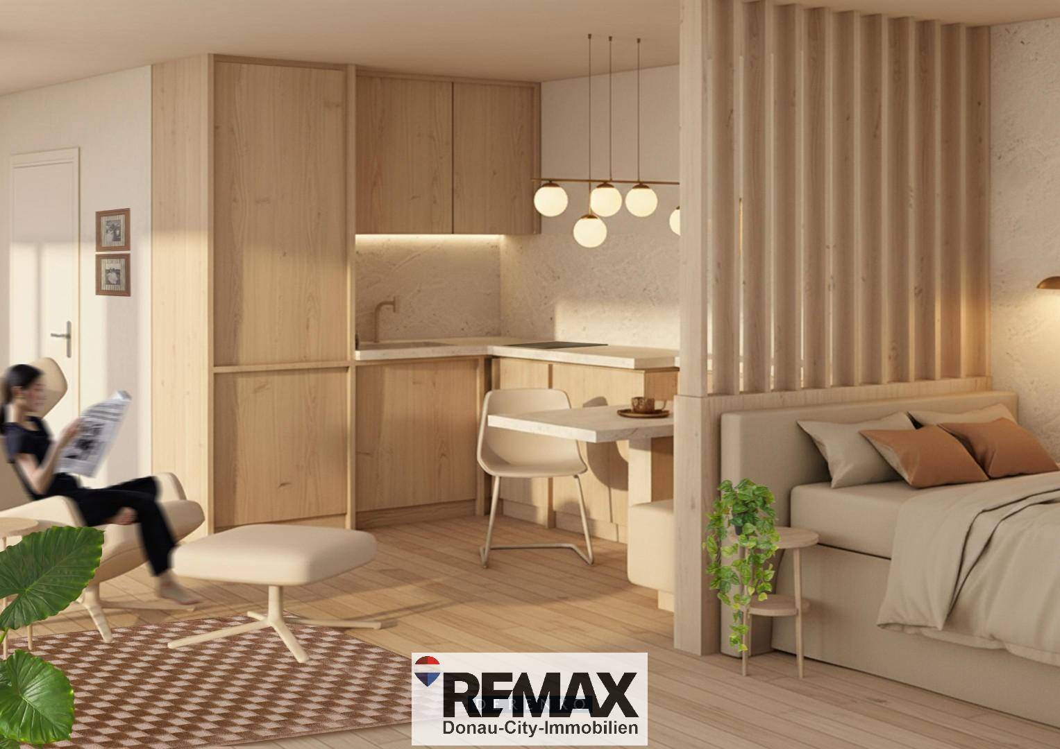 Modernes Studio-Apartment mit integrierter Küchenzeile und Schlafbereich, durch Holzlamellen getrennt.