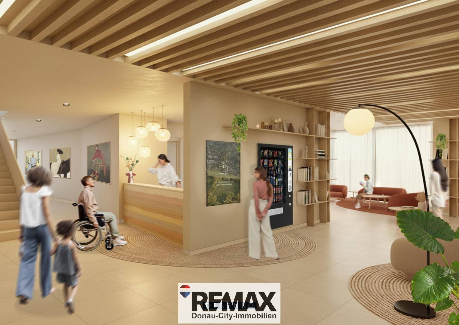 Heller Empfangsbereich mit modernem Design, Sitzgelegenheiten und hohen Decken.
