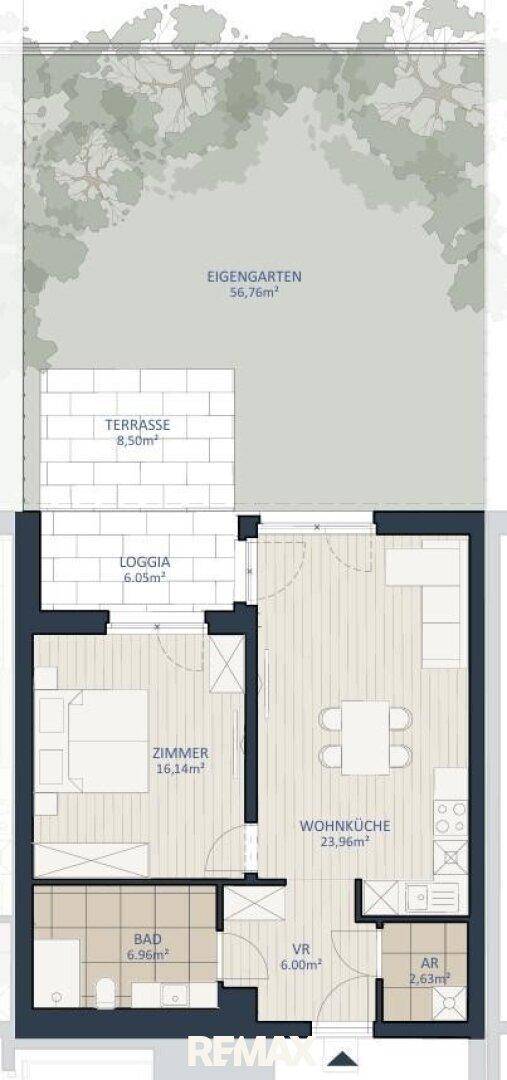 Grundriss einer Wohnung mit Schlafzimmer, Wohnküche, Bad, Loggia, Terrasse und eigenem Gartenbereich.
