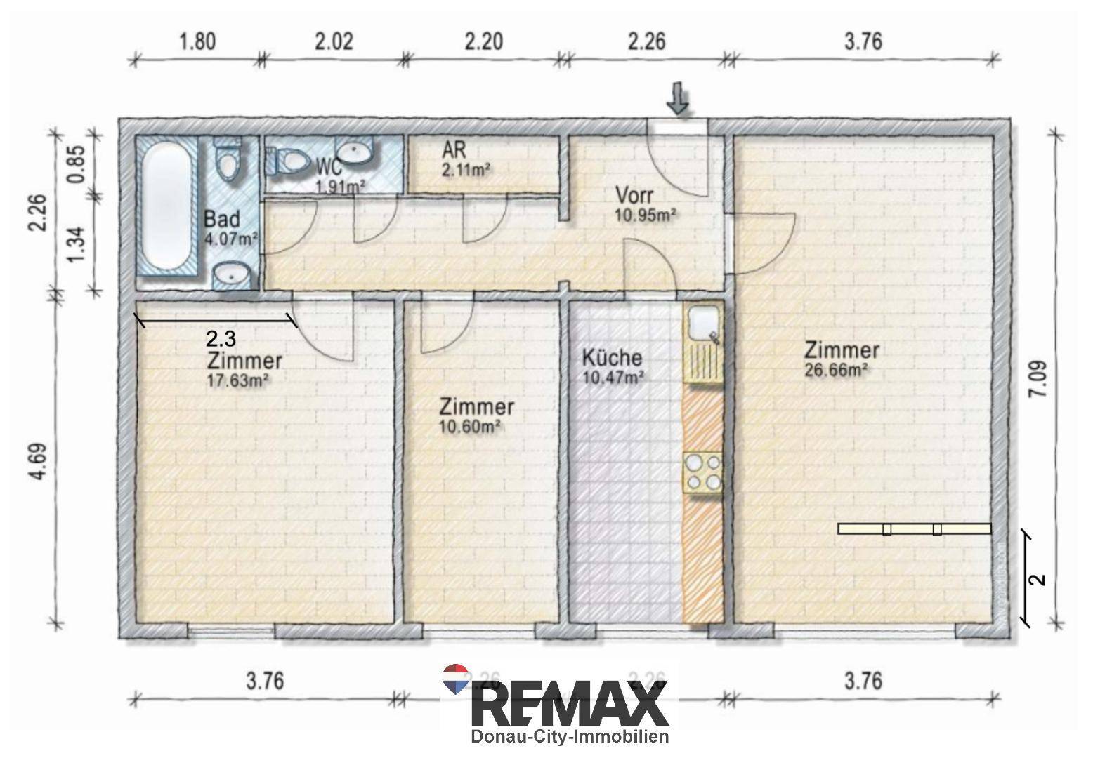 Detaillierter Grundriss der Wohnung mit Raumaufteilung und Flächenangaben in Quadratmetern.