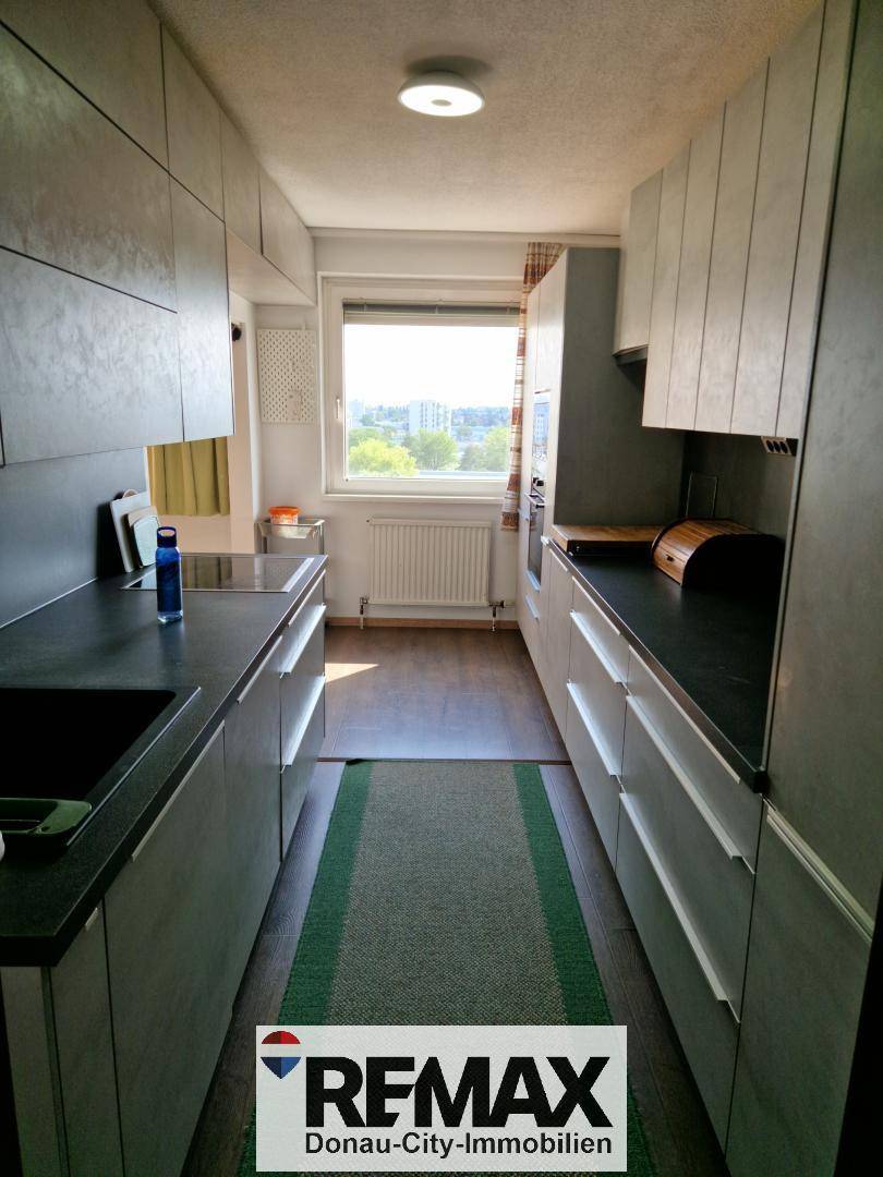 Schmale Küche mit hellgrauen Schränken, dunklen Arbeitsplatten und einem Fenster mit Stadtblick.