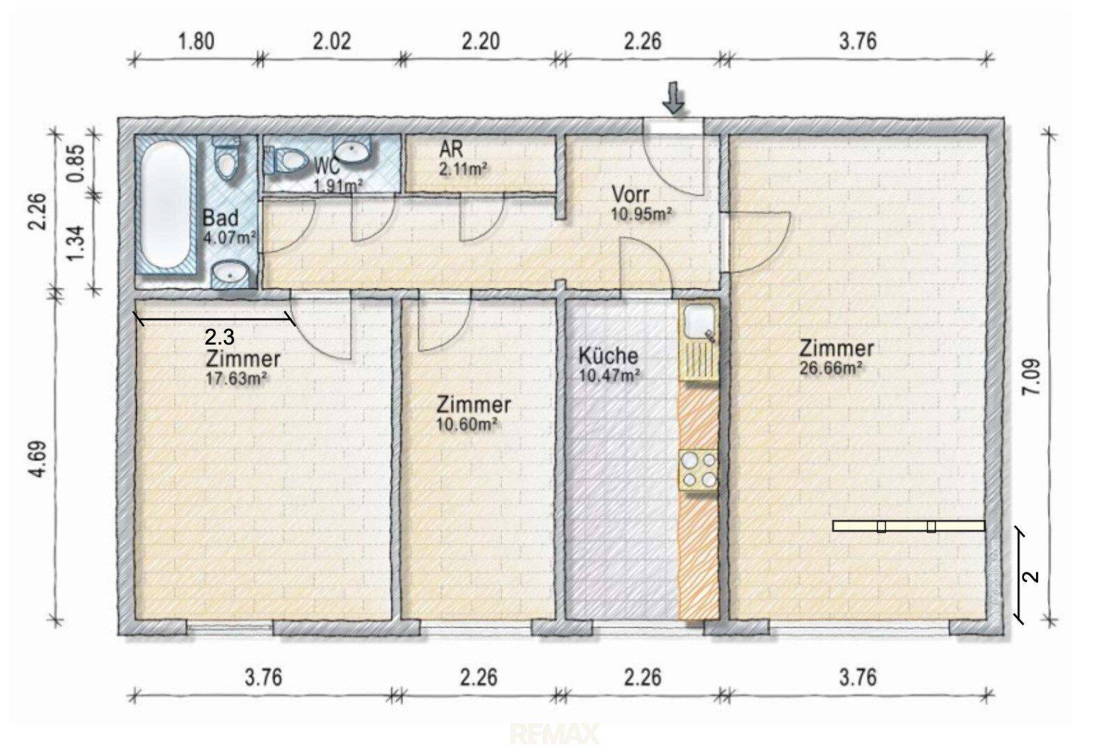 Detaillierter Grundriss einer Wohnung mit mehreren Zimmern, Bad, WC und Küche, inklusive Maßen.