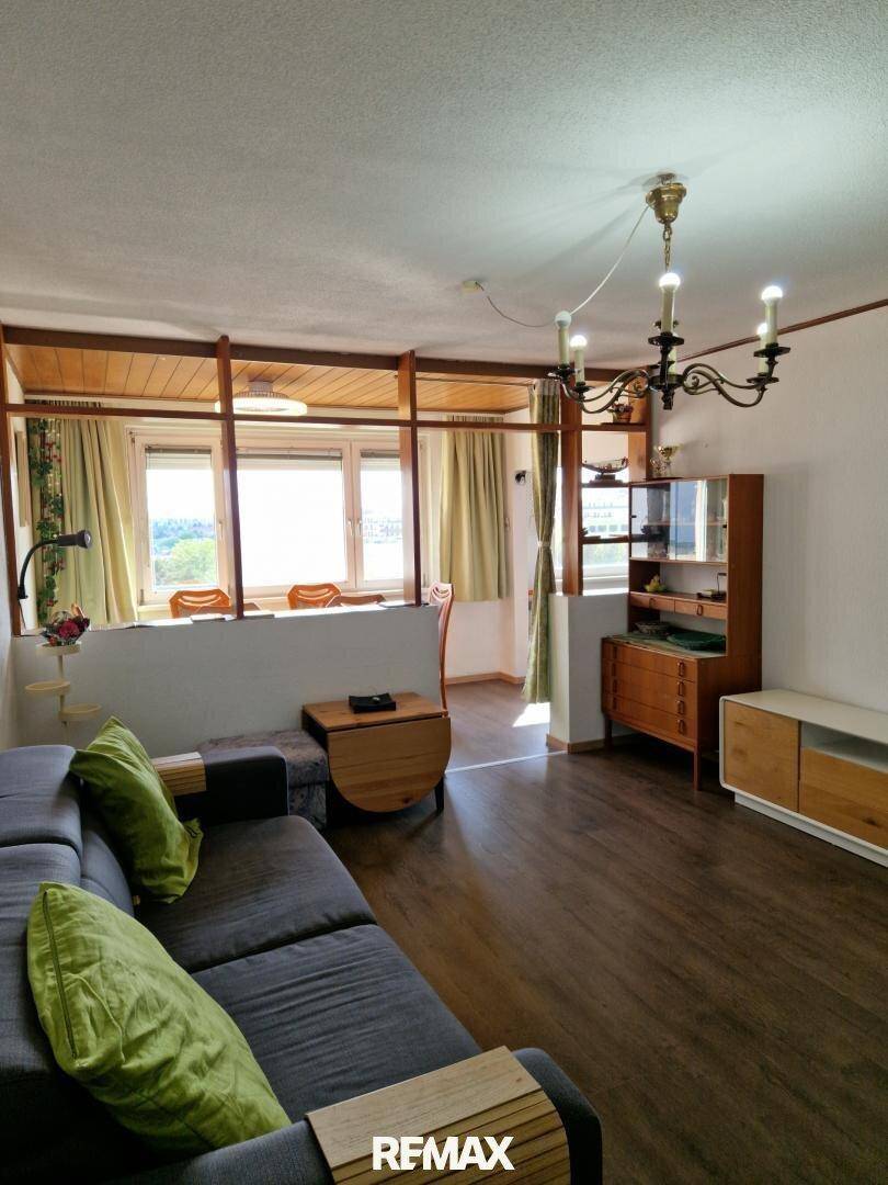 Gemütliches Wohnzimmer mit dunklem Laminatboden, bequemer Couch und traditioneller Deckenleuchte.