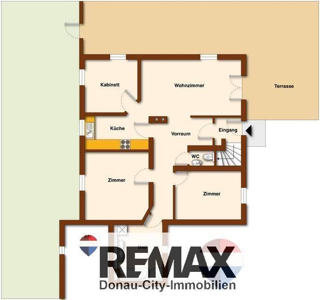 Grundriss des Erdgeschosses mit Wohnzimmer, Küche, Zimmern und Terrasse.
