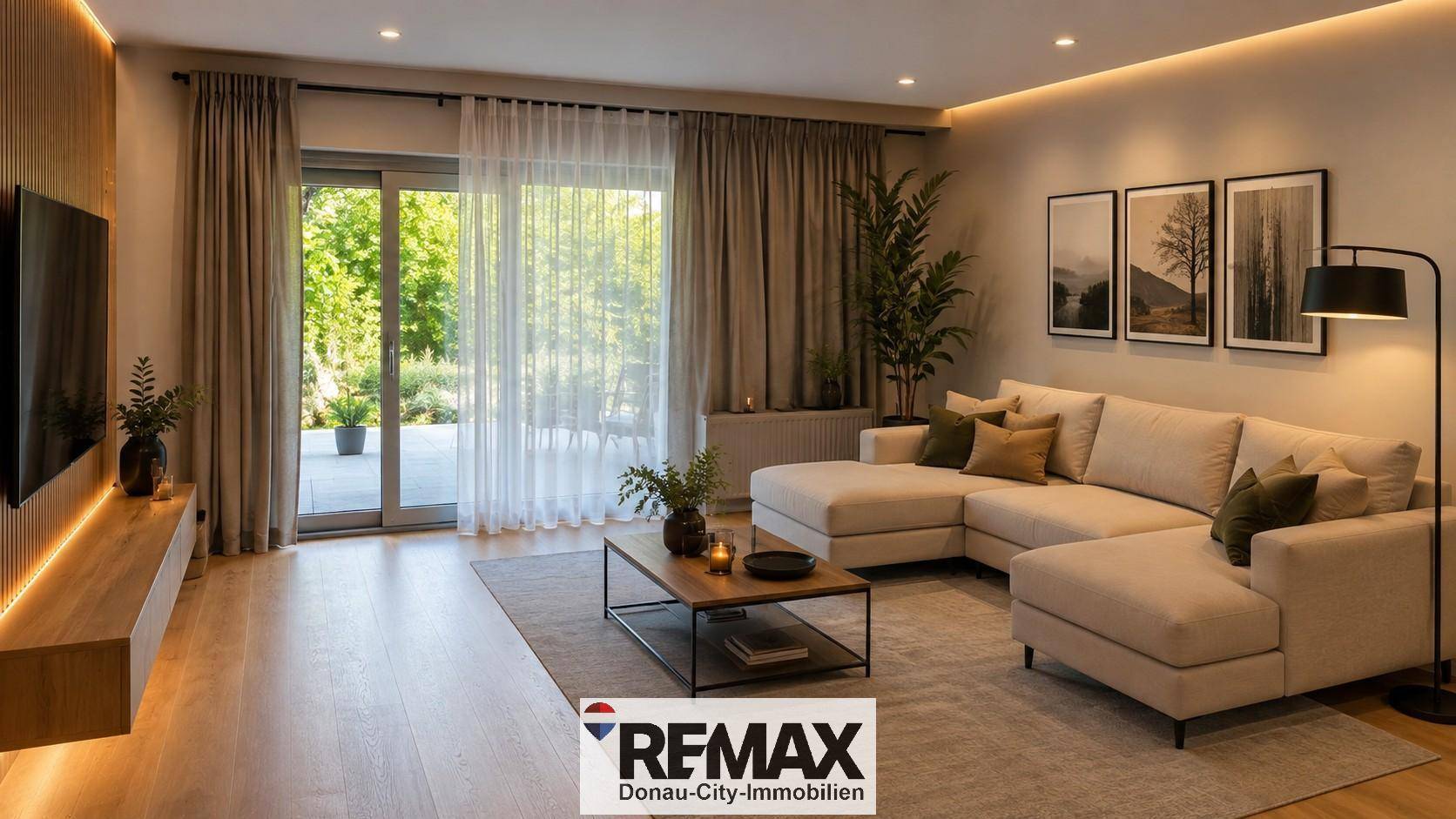 Modernes Wohnzimmer mit hellem Parkettboden, großem Sofa und Zugang zur Terrasse.