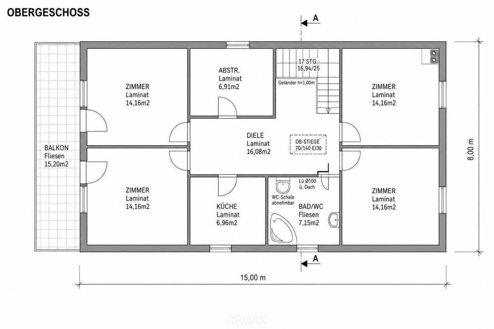 Grundriss des Obergeschosses mit mehreren Zimmern, Bad und Balkon.