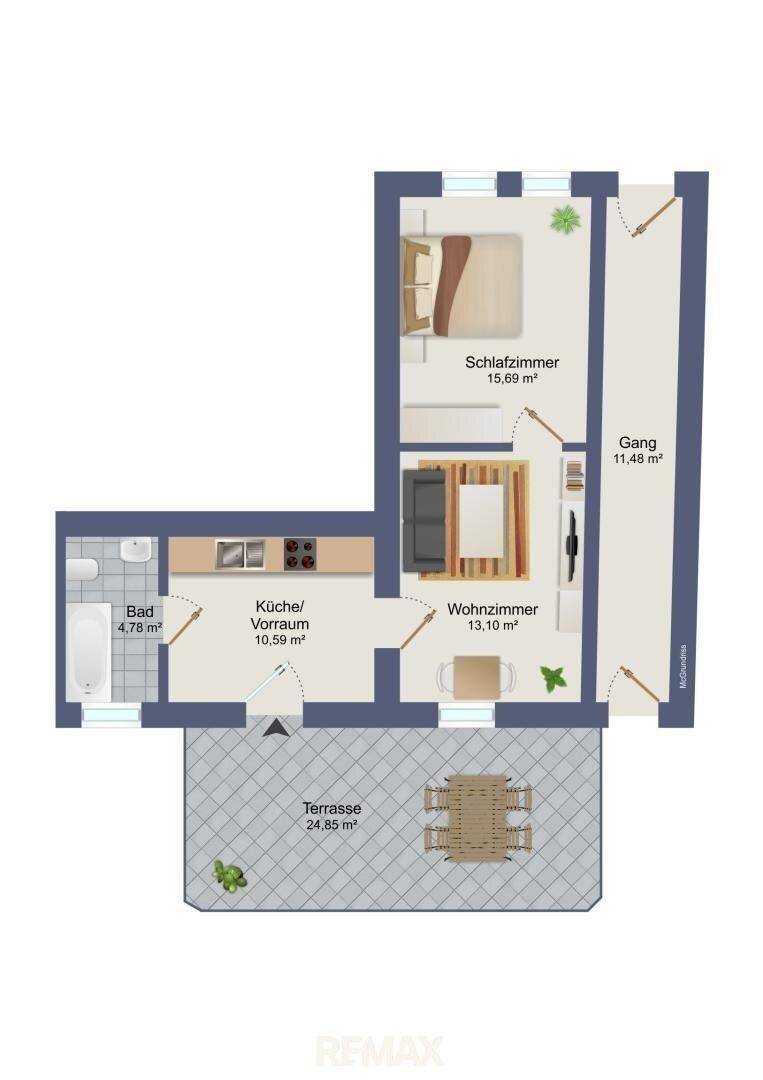 Grundriss einer Wohnung mit Schlafzimmer, Wohnzimmer, Küche und Terrasse.