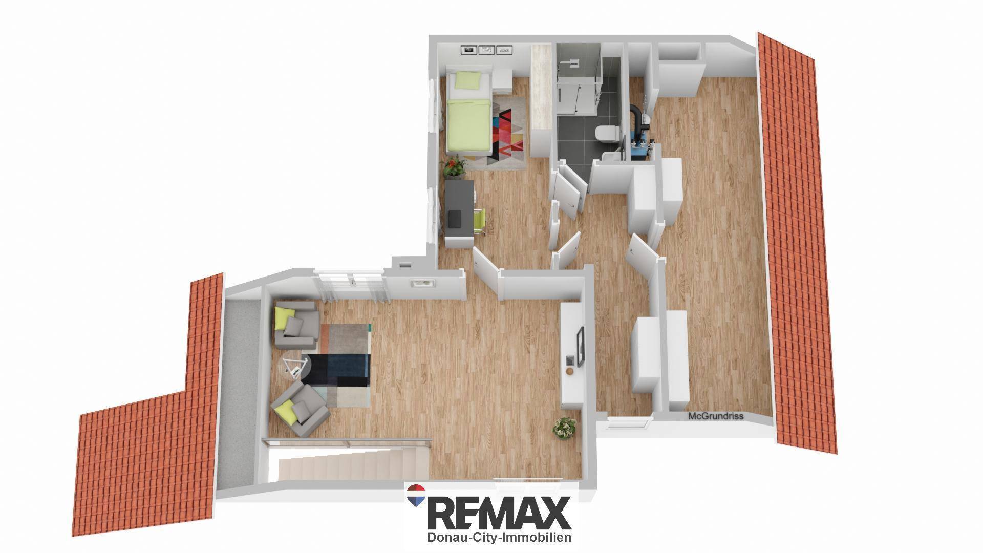 Detaillierter 3D-Grundriss einer Dachgeschosswohnung mit offenem Wohnbereich, Schlafzimmer und Bad.