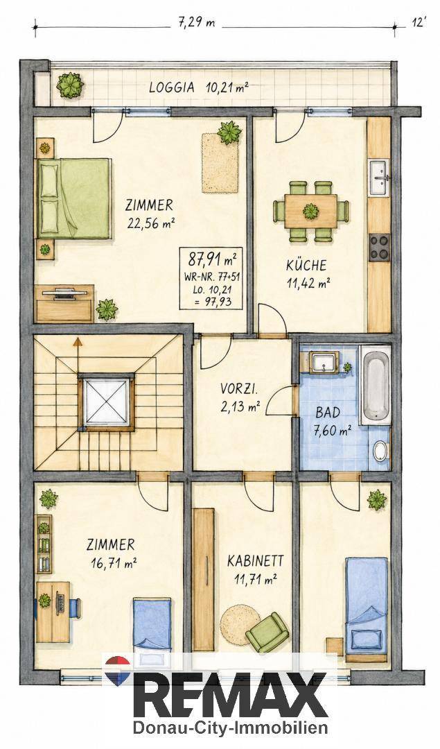 Detaillierter Grundriss einer Wohnung mit mehreren Zimmern, Loggia und Bad.
