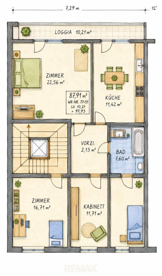 Detaillierter Grundriss mit Raumaufteilung und Flächenangaben in Quadratmetern.