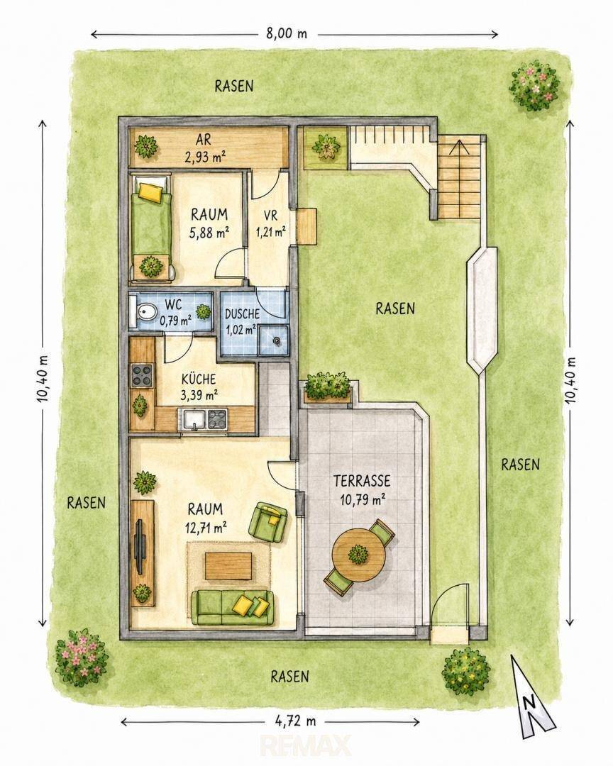 Detaillierter Grundriss des Hauses mit Raumaufteilung, Terrasse und Gartenbereichen.