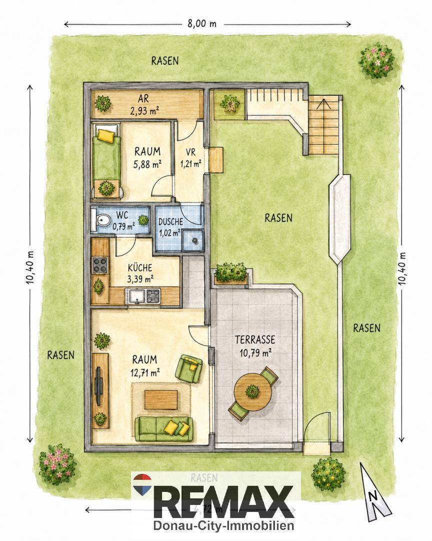 Handgezeichneter Grundriss mit Raumaufteilung, Terrasse und Gartenbereich.