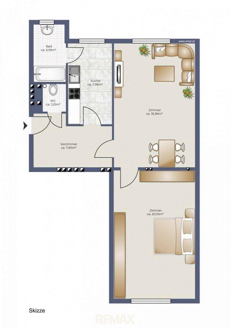 Grundriss einer Wohnung mit Bad, WC, Küche, Vorzimmer und zwei Zimmern.