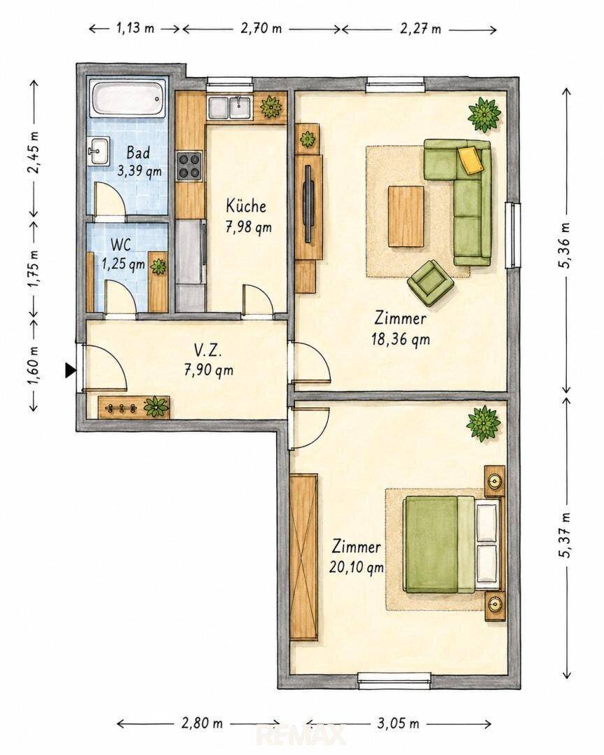 Detaillierter Grundriss einer Wohnung mit Maßen, Bad, WC, Küche und zwei Zimmern.