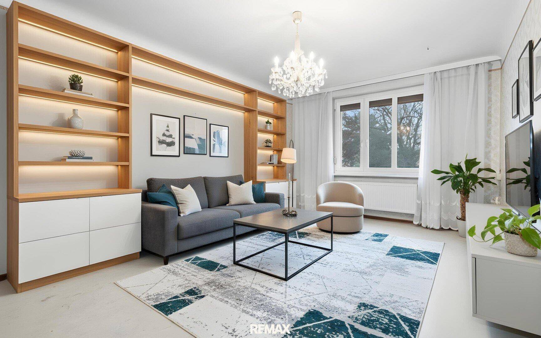 Modernes Wohnzimmer mit eleganten Einbauregalen, bequemer Couch und großem Fenster.