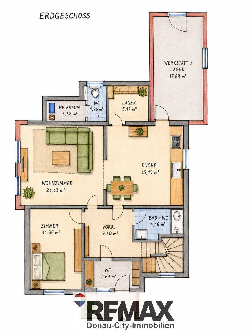 Grundriss des Erdgeschosses mit Wohnzimmer, Küche, Schlafzimmer und zwei Bädern.
