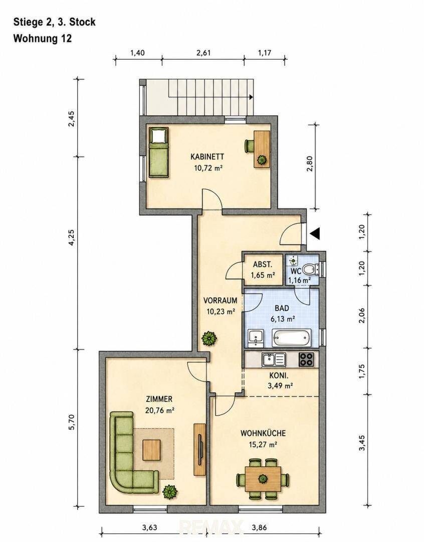 Detaillierter Grundriss der Wohnung mit Zimmern und Maßen.