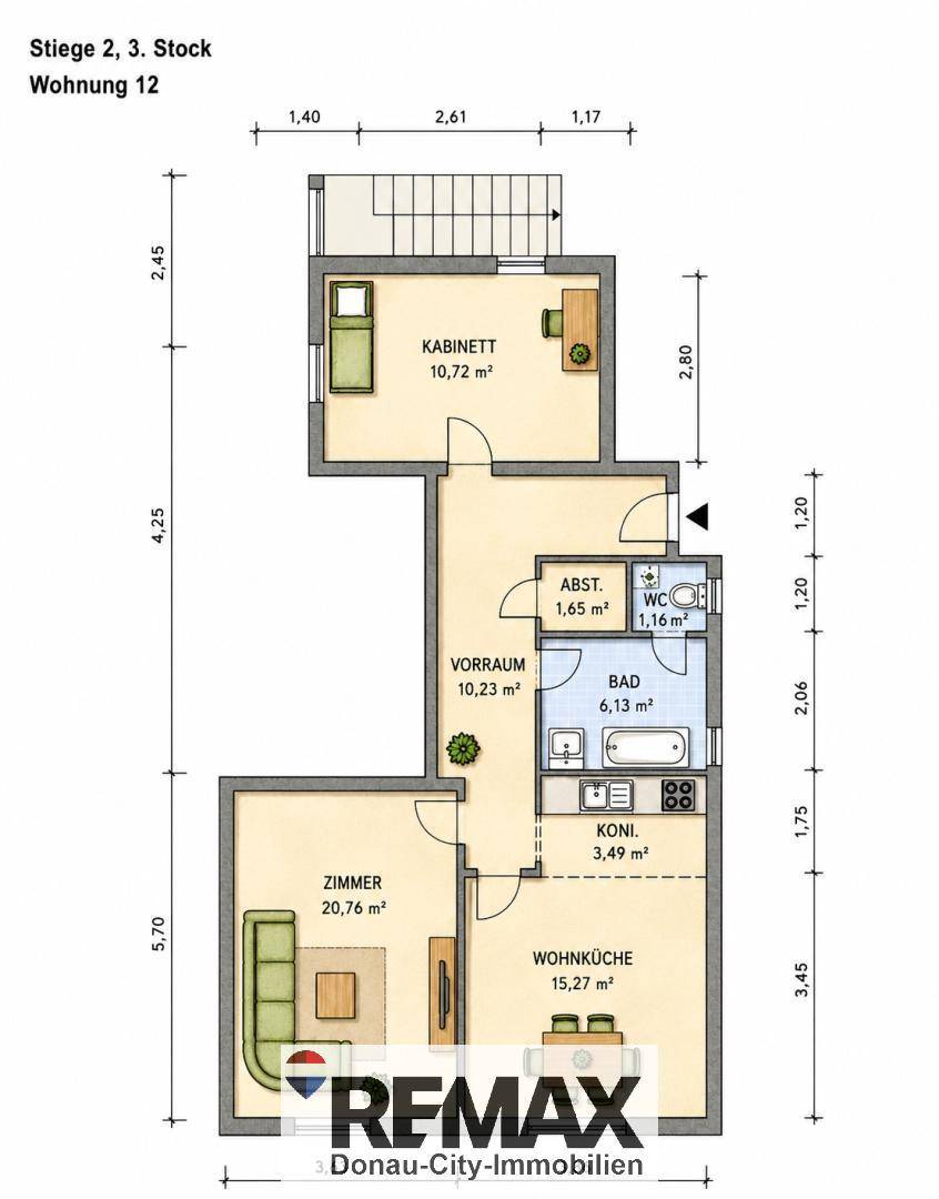 Grundriss der Wohnung 12 im 2. und 3. Stock mit Zimmern und Maßen.