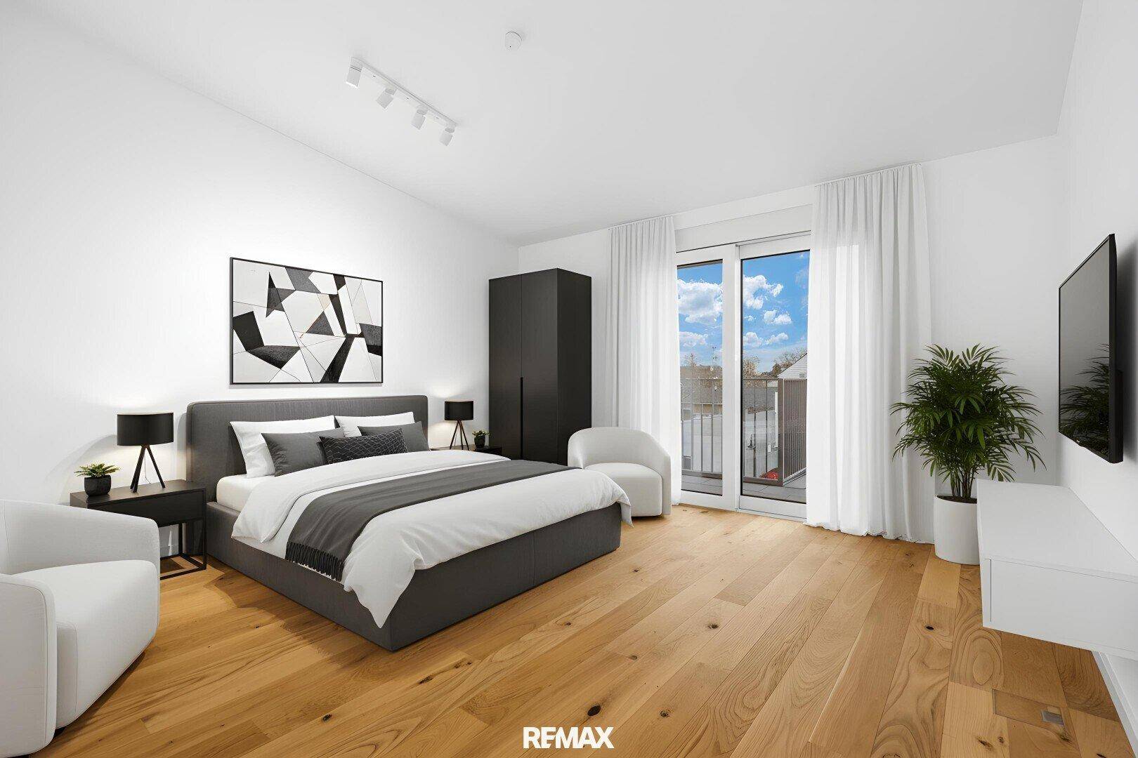 Modernes Schlafzimmer mit Doppelbett, Holzboden und Zugang zum Balkon.