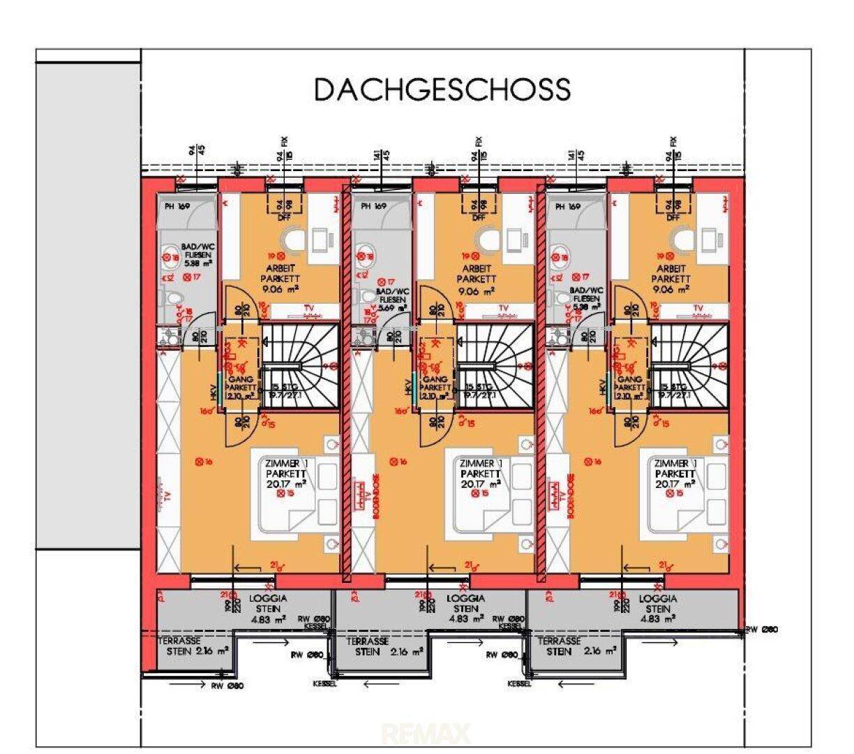 Grundriss des Dachgeschosses mit Zimmern, Bädern, Loggien und Terrassen, bietet viel Platz.
