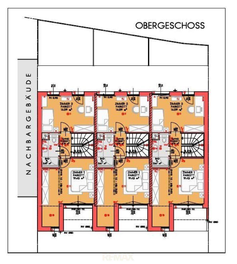 Grundriss des Obergeschosses mit Schlafzimmern und Bädern, funktional und gut aufgeteilt.