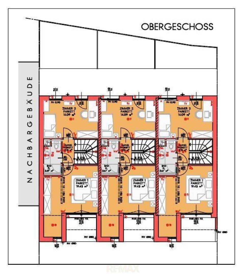 Grundriss des Obergeschosses mit Schlafzimmern, Bädern und Treppenaufgang, gut aufgeteilt.