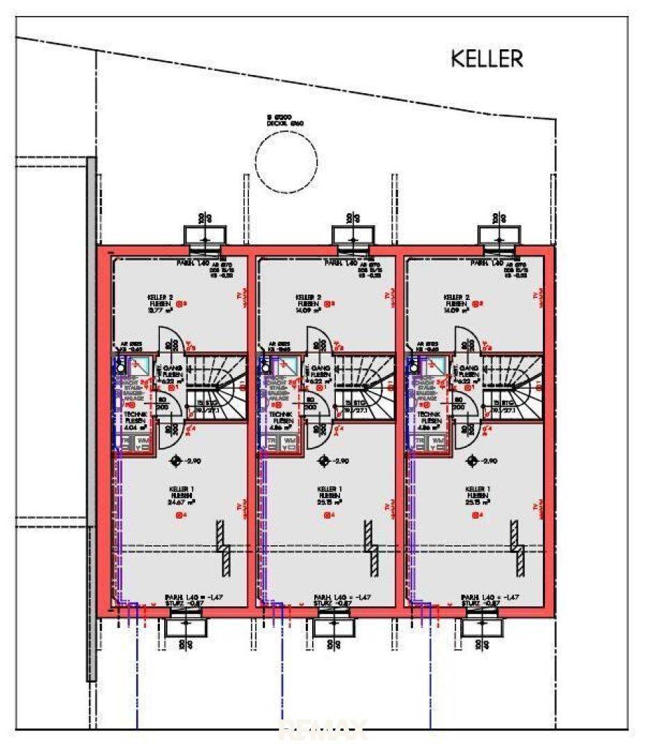 Grundriss des Kellers mit Technikräumen und Abstellbereichen, bietet zusätzlichen Stauraum.