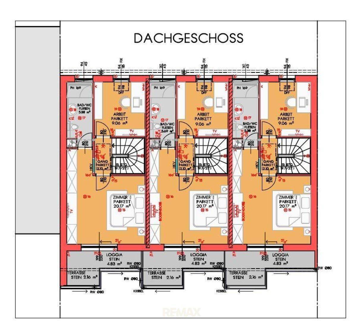 Grundriss des Dachgeschosses mit Zimmern, Bädern, Loggien und Terrassen, bietet viel Platz.