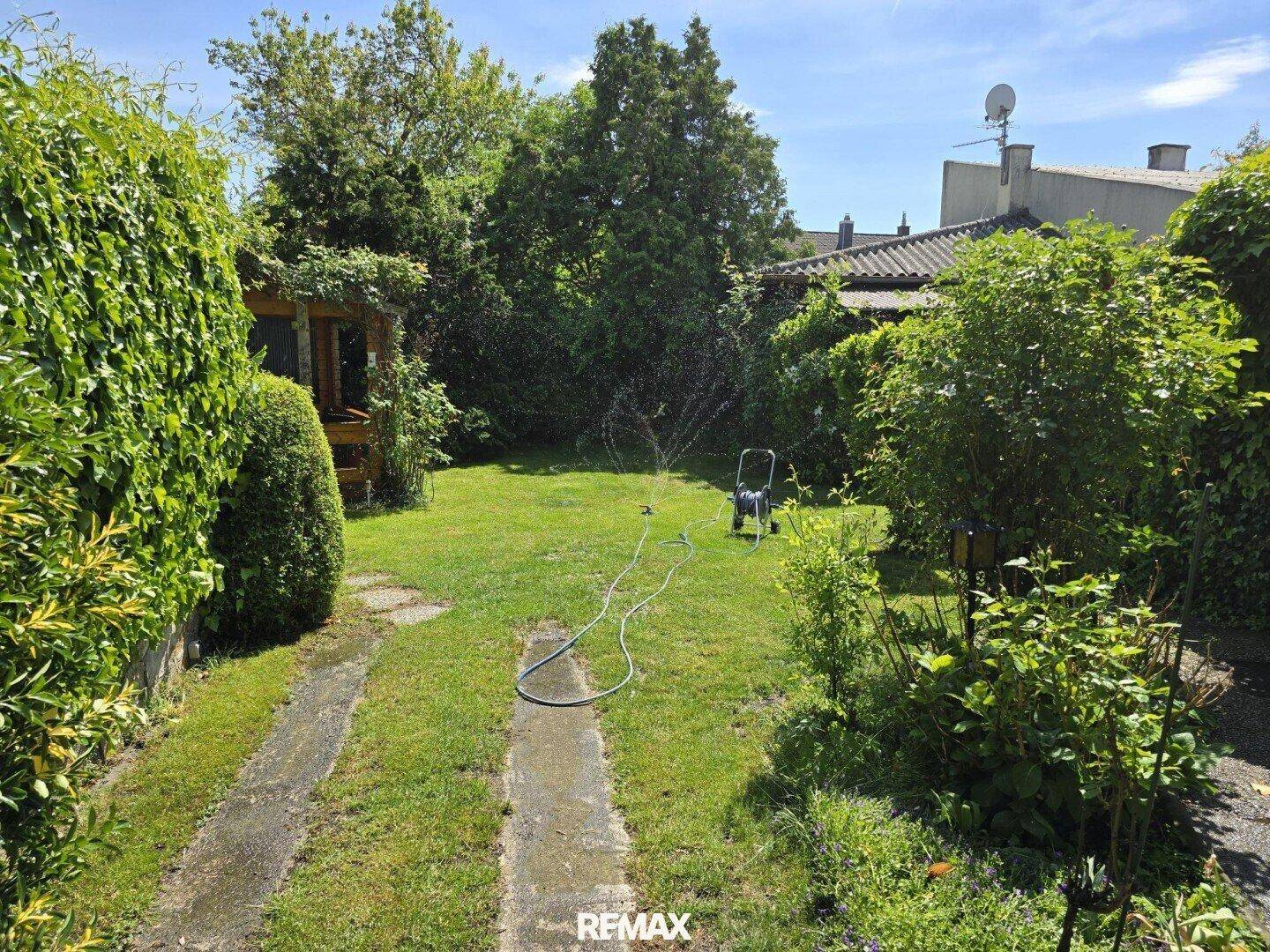 Gepflegter Garten mit Rasenfläche, Gartenweg und einem Rasensprenger für die Bewässerung.