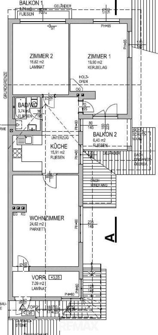 Grundriss des Obergeschosses mit Wohnzimmer, Küche, Bad, zwei Zimmern und zwei Balkonen.