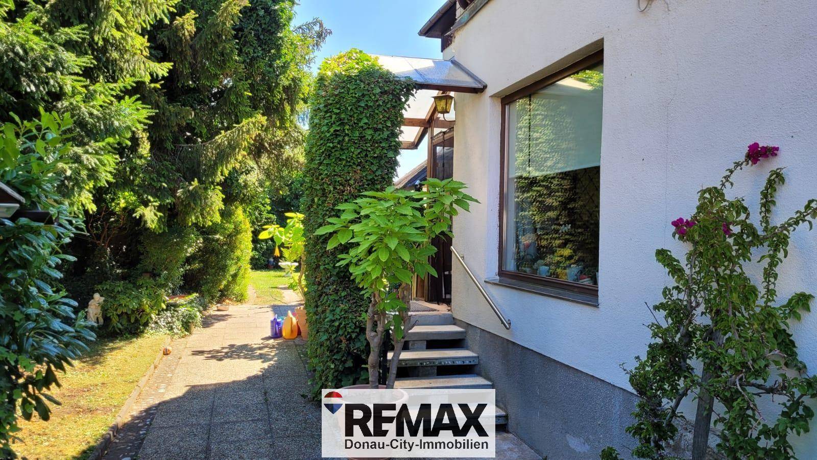 Eingangsbereich des Hauses mit Treppe, umgeben von grünen Pflanzen und einem sonnigen Gartenweg.