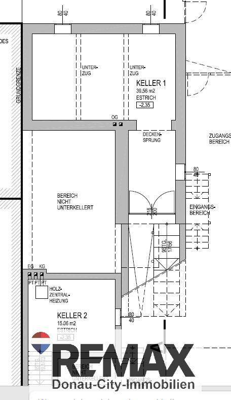 Grundriss des Kellergeschosses mit zwei Kellerräumen und Holz-Zentralheizung.