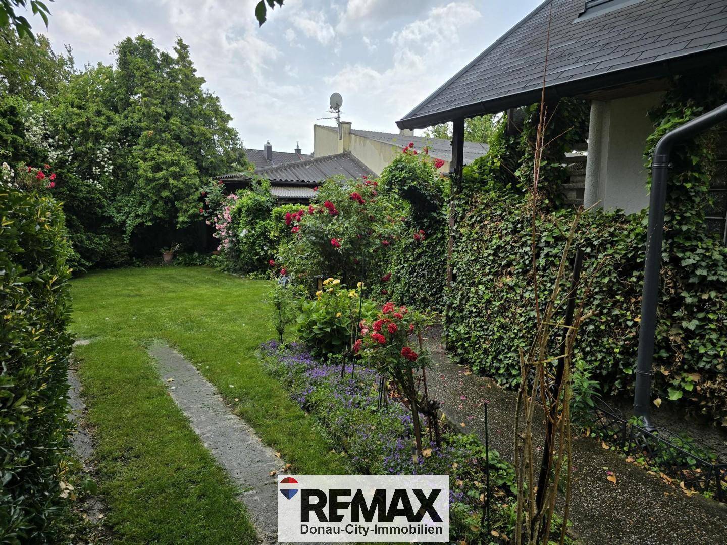 Gartenweg führt entlang des Hauses mit blühenden Rosen und grünen Hecken.