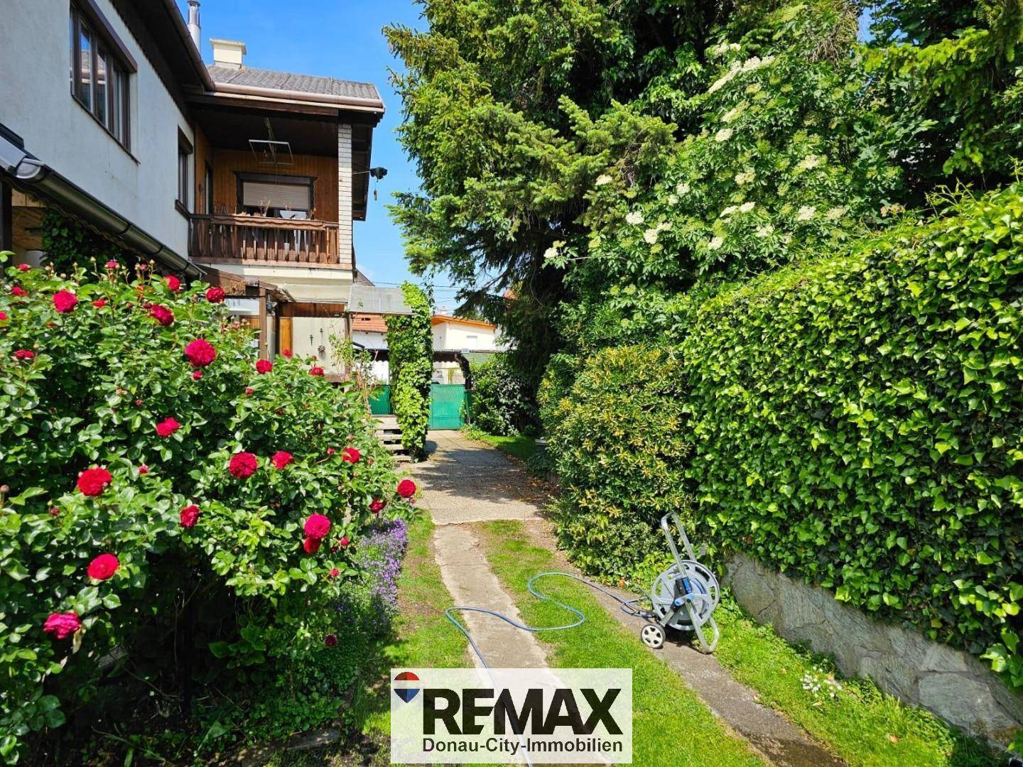 Gartenweg führt entlang des Hauses mit blühenden Rosen und einem Bewässerungssystem.