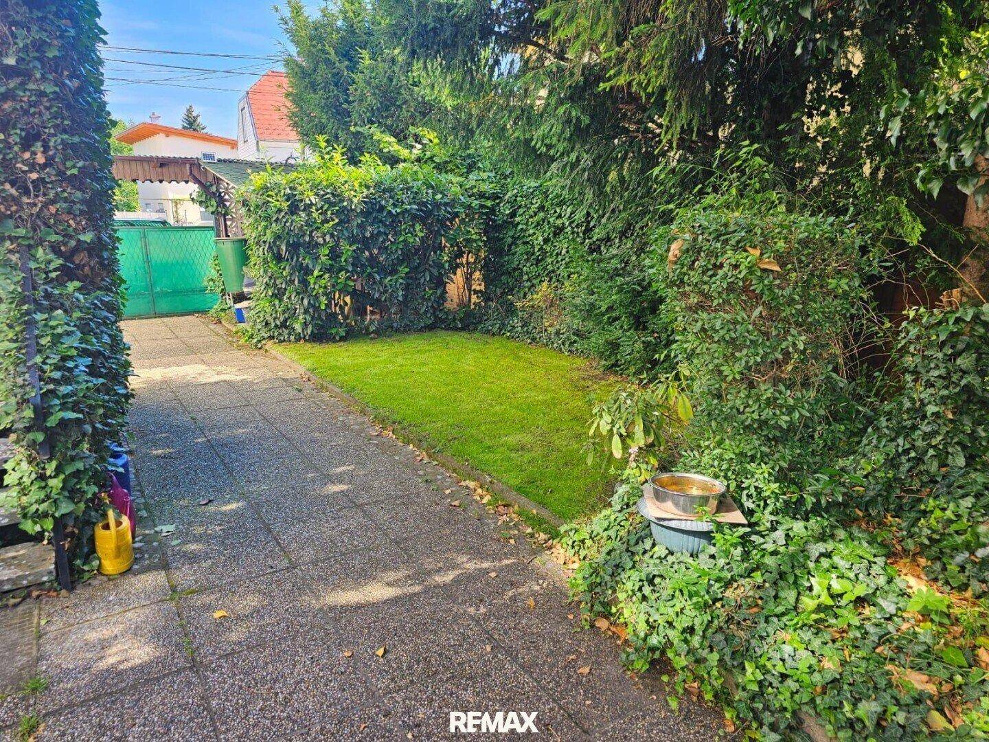 Seitlicher Gartenbereich mit gepflastertem Weg, Rasenfläche und hohen Hecken.