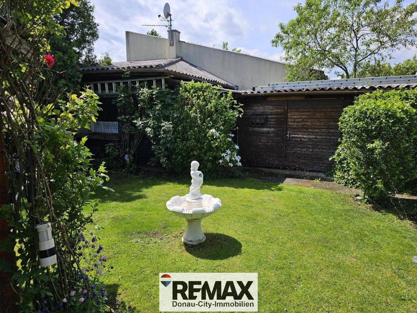 Sonniger Gartenbereich mit Rasen, einem dekorativen Brunnen und einem Holzschuppen.