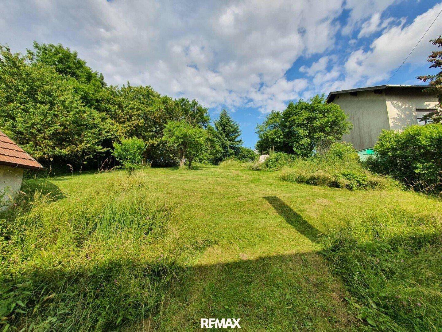 Grüne Wiese mit Bäumen und einem Gebäude im Hintergrund unter einem bewölkten Himmel.