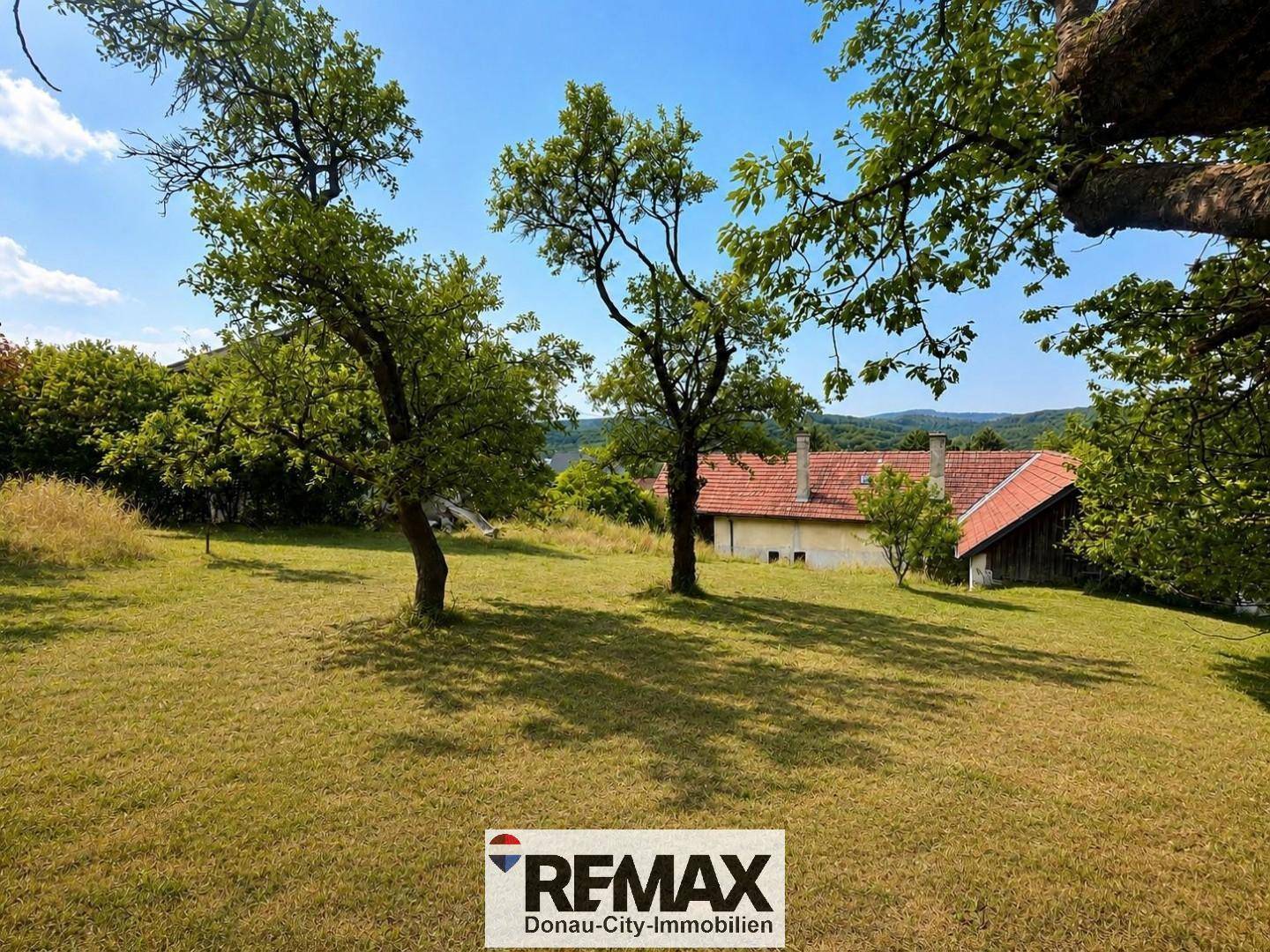 Großer Garten mit alten Bäumen und Blick auf ein traditionelles Haus mit Ziegeldach in der Ferne.