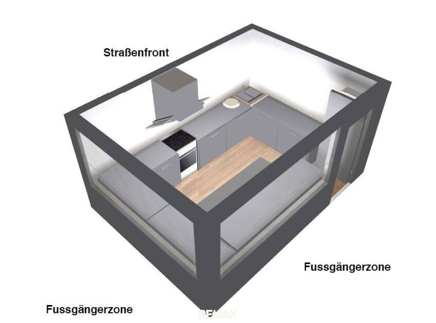 3D-Grundriss eines kleinen Gewerberaums mit Küchenzeile und Thekenbereich zur Fußgängerzone.