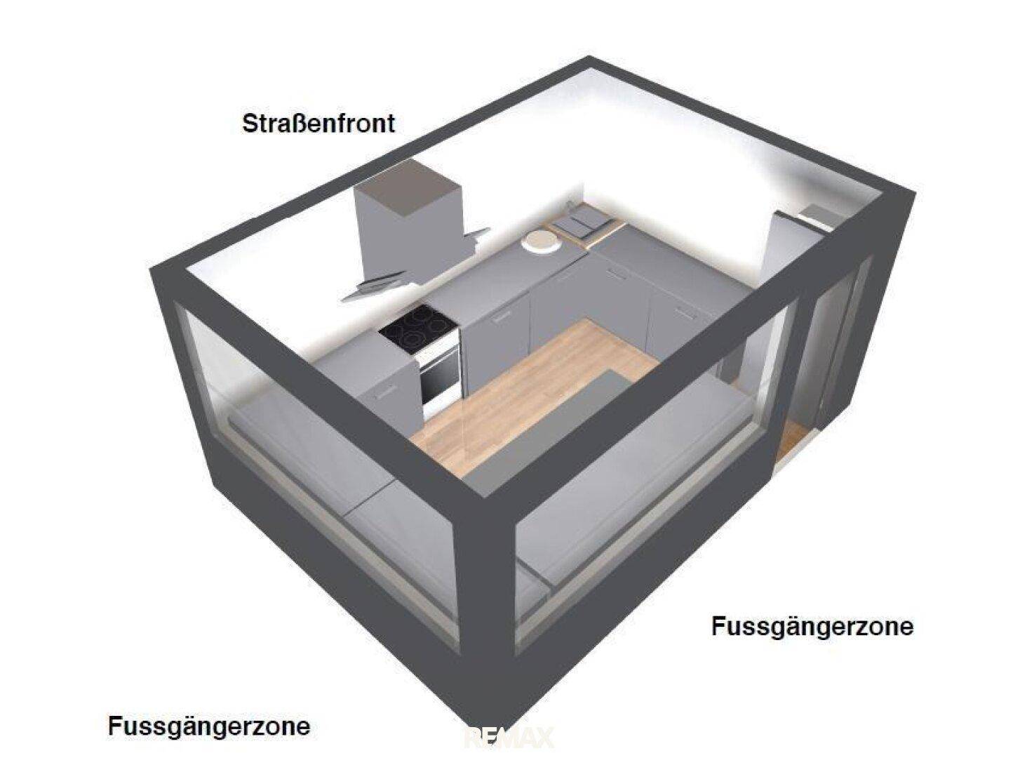 3D-Grundriss eines kleinen Gewerberaums mit Küchenzeile und Thekenbereich zur Fußgängerzone.
