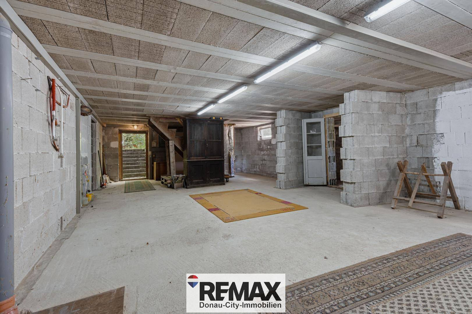 Weiterer Blick in den geräumigen Kellerraum mit Betonsteinwänden und einem Teppich auf dem Boden.